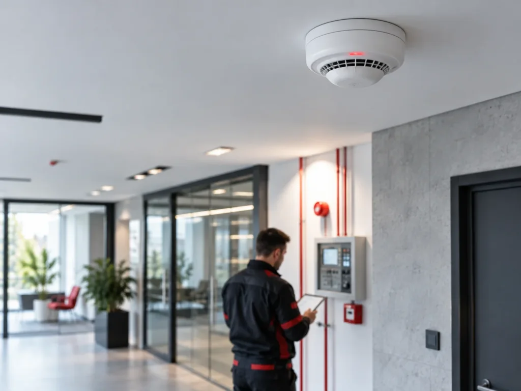Požární detektor a technik při kontrole ústředny